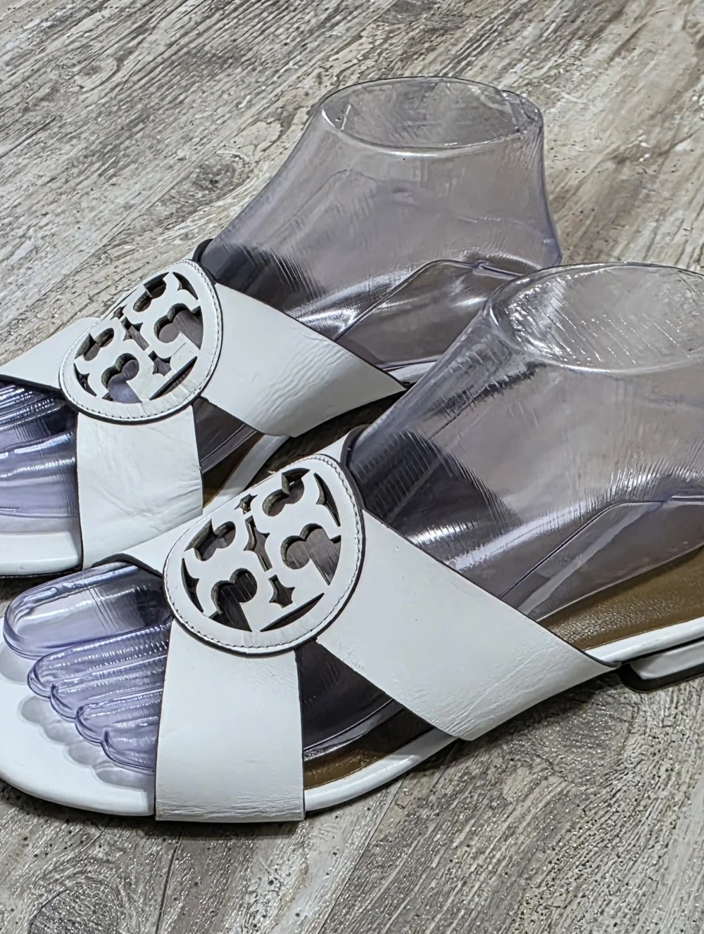 Tory Burch Size 8 Miller Cross Strap Slide Sandals White Leather Logo Low Heel